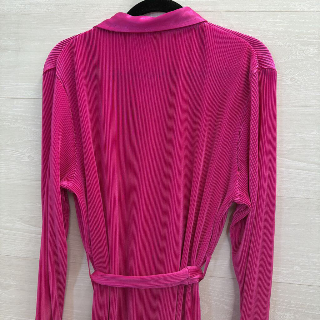 Mable Pink Pleated Long Sleeve Button Down Tie Waist Dress Large