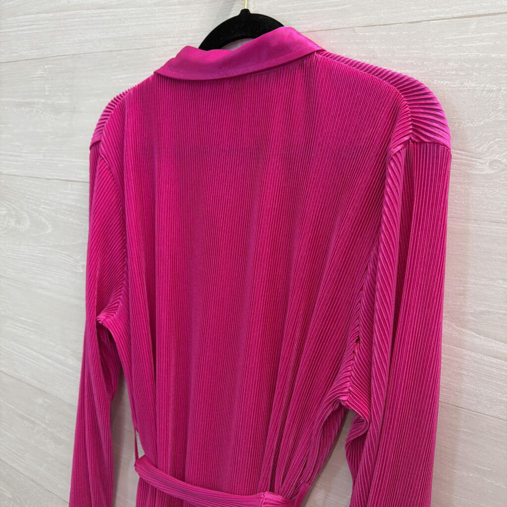 Mable Pink Pleated Long Sleeve Button Down Tie Waist Dress Large