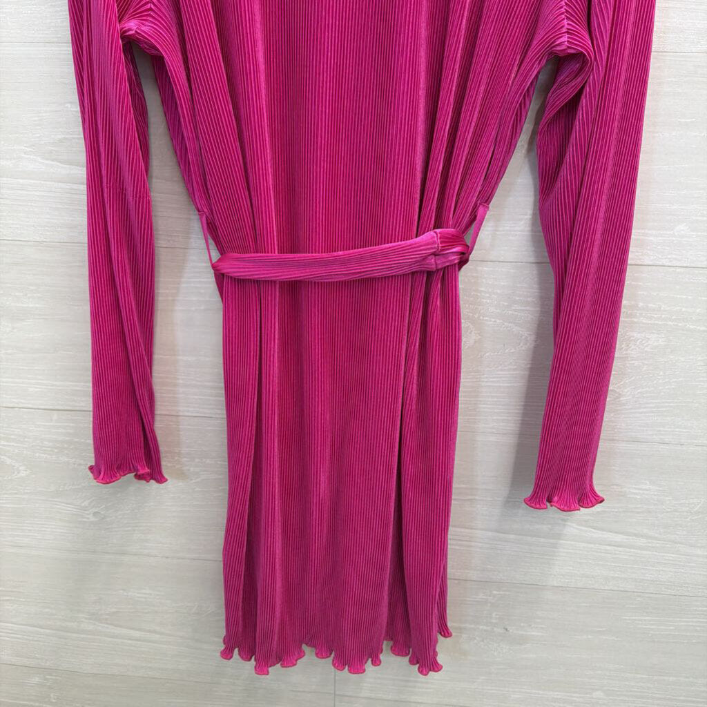 Mable Pink Pleated Long Sleeve Button Down Tie Waist Dress Large