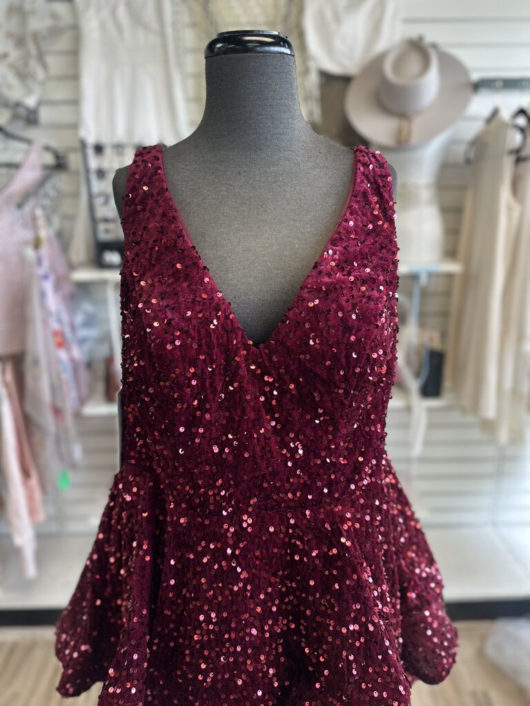 Burgundy Velvet Sequin V Neck Short Formal Dress 20