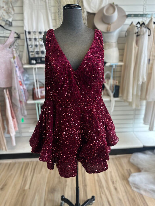 Burgundy Velvet Sequin V Neck Short Formal Dress 20