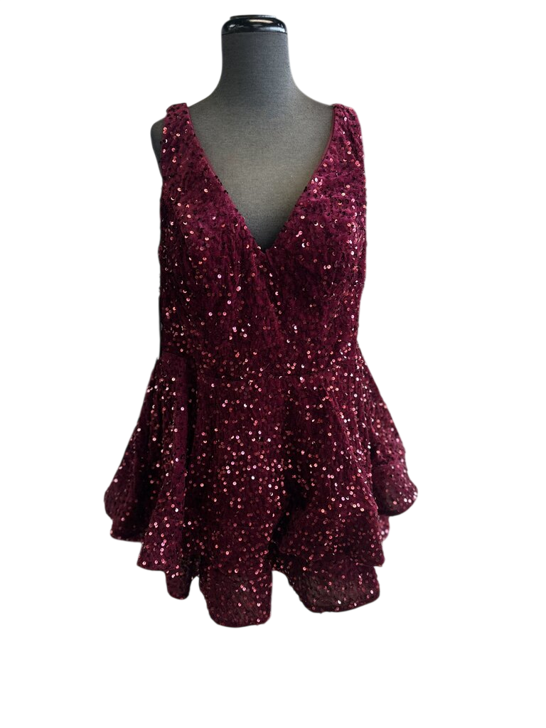 Burgundy Velvet Sequin V Neck Short Formal Dress 20