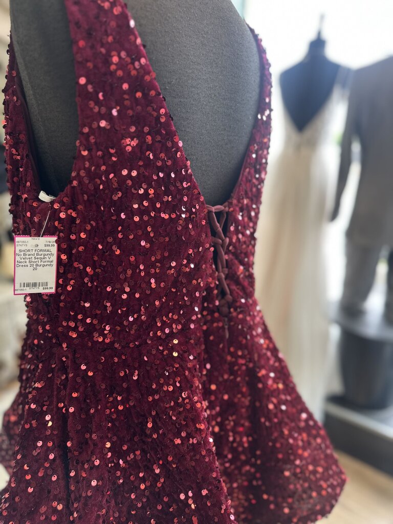 Burgundy Velvet Sequin V Neck Short Formal Dress 20
