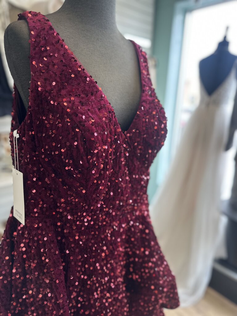 Burgundy Velvet Sequin V Neck Short Formal Dress 20