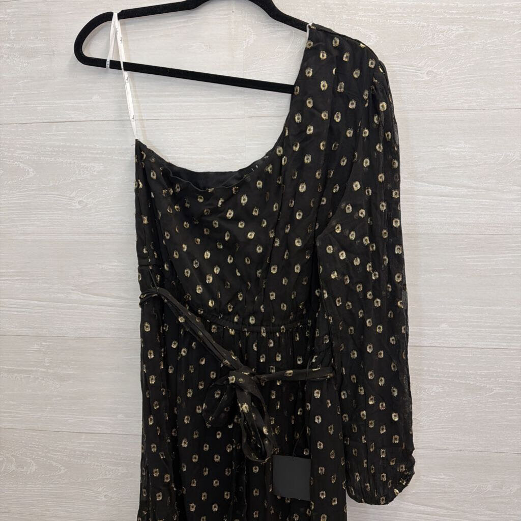 Lulus Black/ Metallic Gold Dot Print One Shoulder Maxi Dress Extra Large