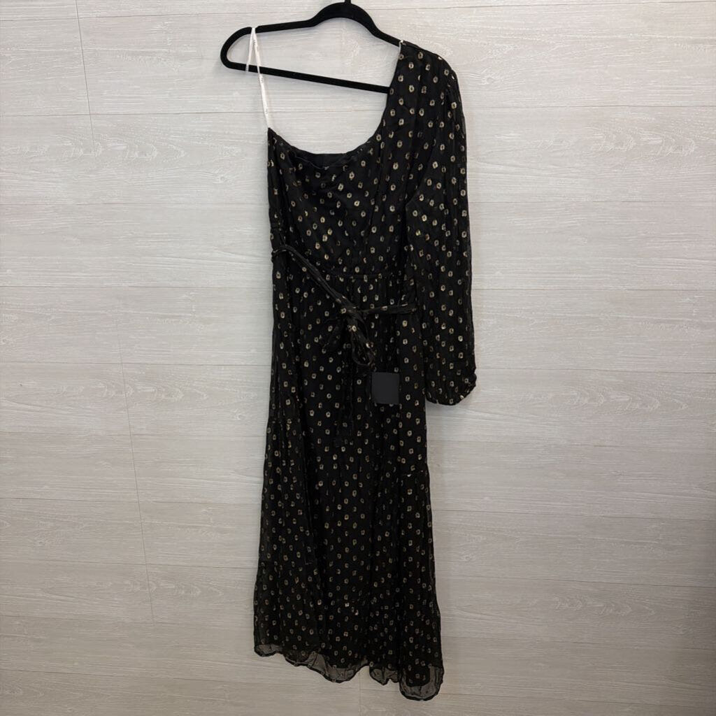 Lulus Black/ Metallic Gold Dot Print One Shoulder Maxi Dress Extra Large