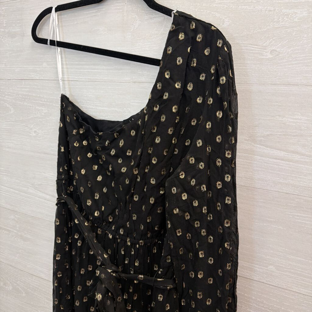 Lulus Black/ Metallic Gold Dot Print One Shoulder Maxi Dress Extra Large