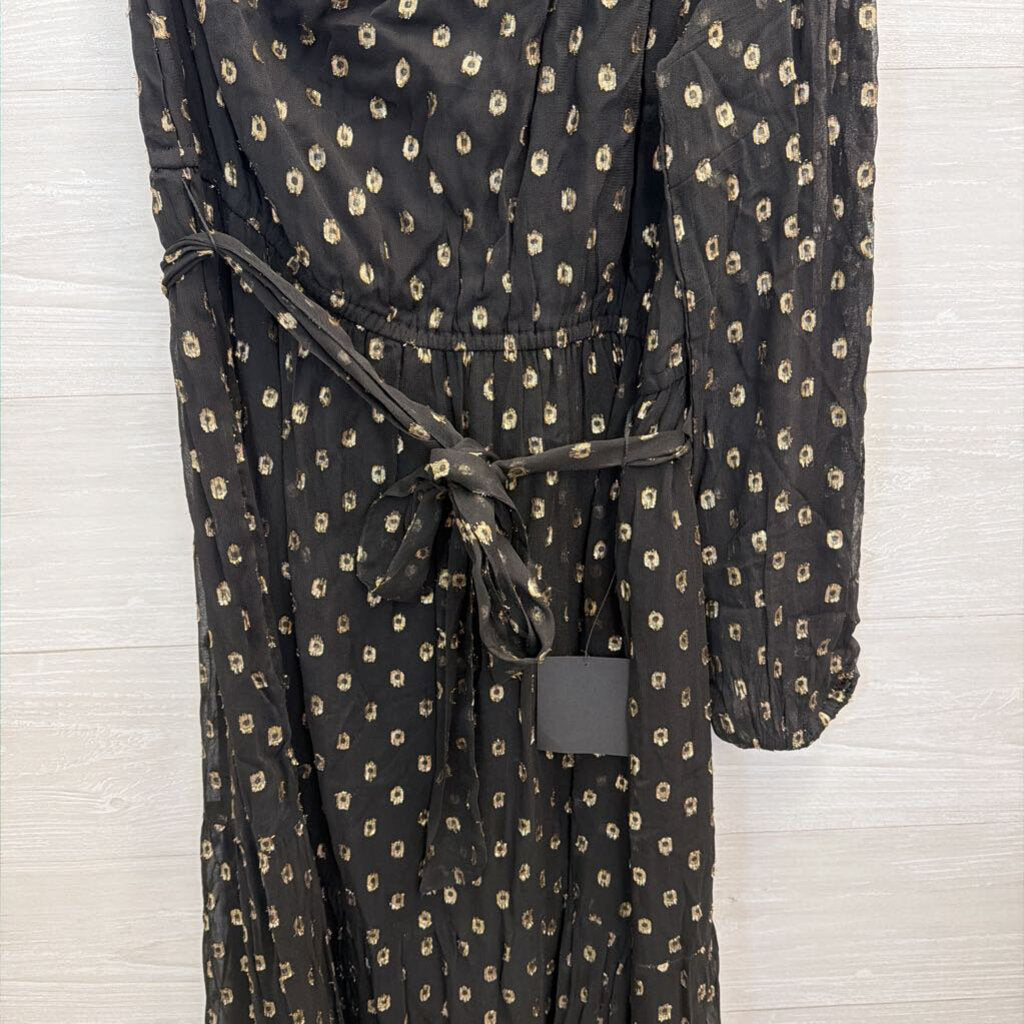 Lulus Black/ Metallic Gold Dot Print One Shoulder Maxi Dress Extra Large