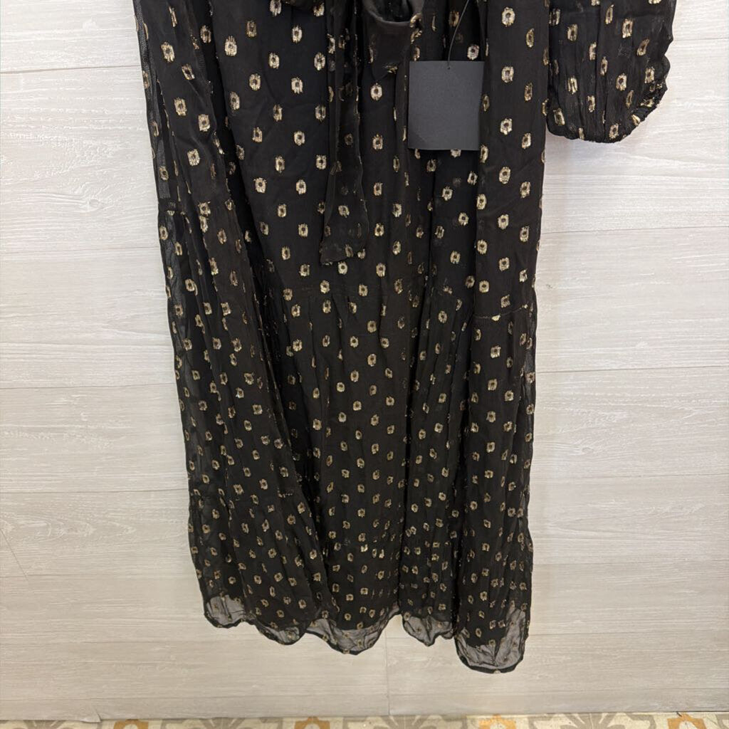Lulus Black/ Metallic Gold Dot Print One Shoulder Maxi Dress Extra Large
