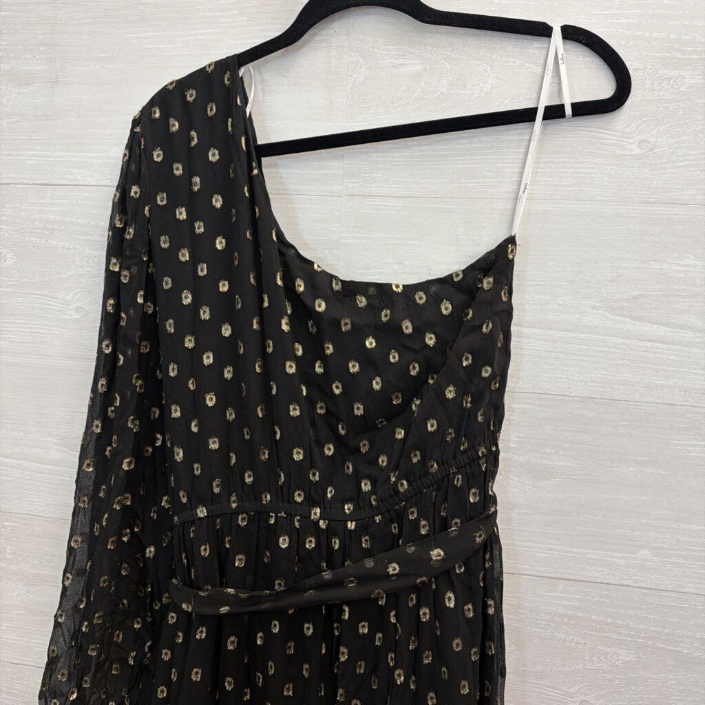 Lulus Black/ Metallic Gold Dot Print One Shoulder Maxi Dress Extra Large