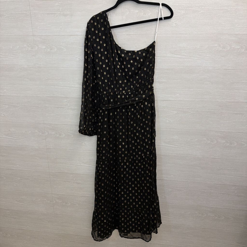 Lulus Black/ Metallic Gold Dot Print One Shoulder Maxi Dress Extra Large