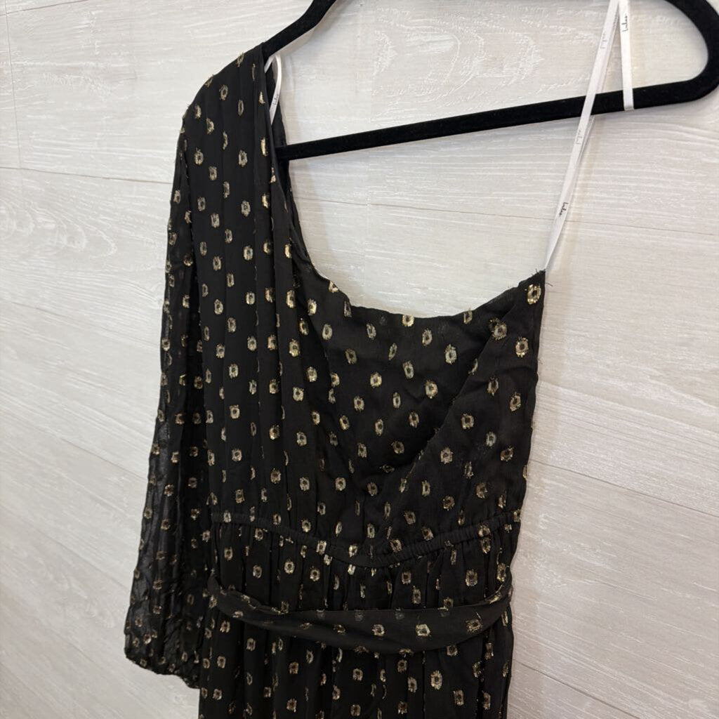 Lulus Black/ Metallic Gold Dot Print One Shoulder Maxi Dress Extra Large