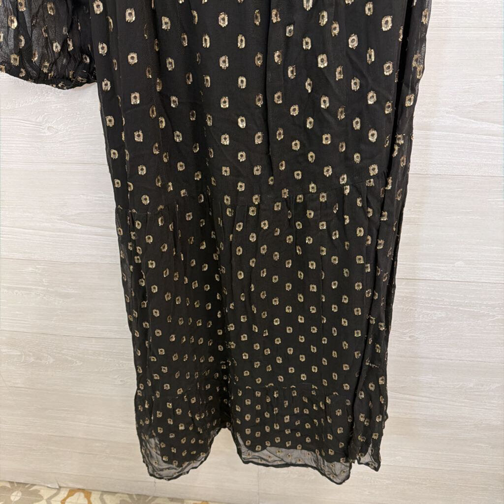 Lulus Black/ Metallic Gold Dot Print One Shoulder Maxi Dress Extra Large