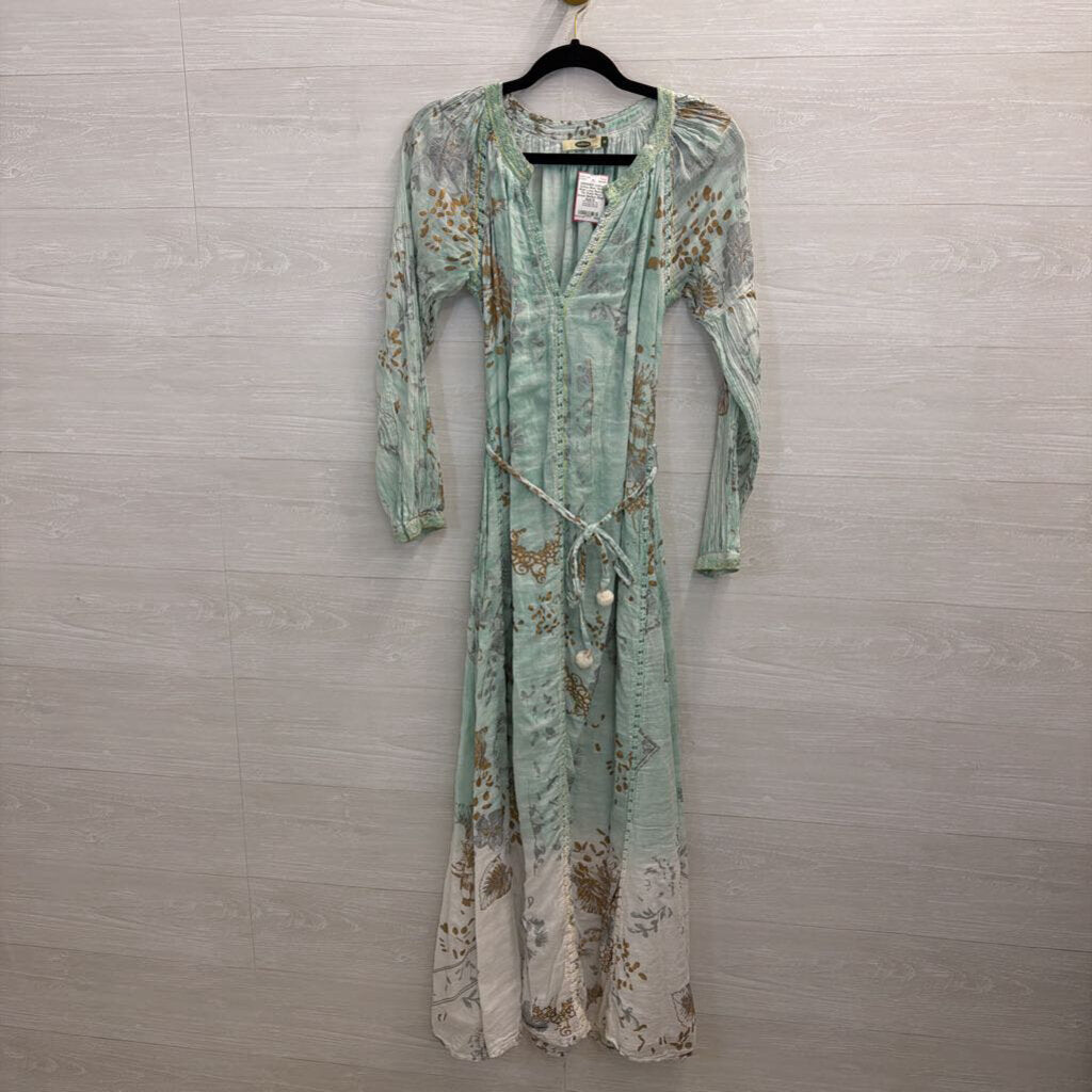 Dolma Blue/ Multi Print Long Sleeve Tie Waist Maxi Dress Medium