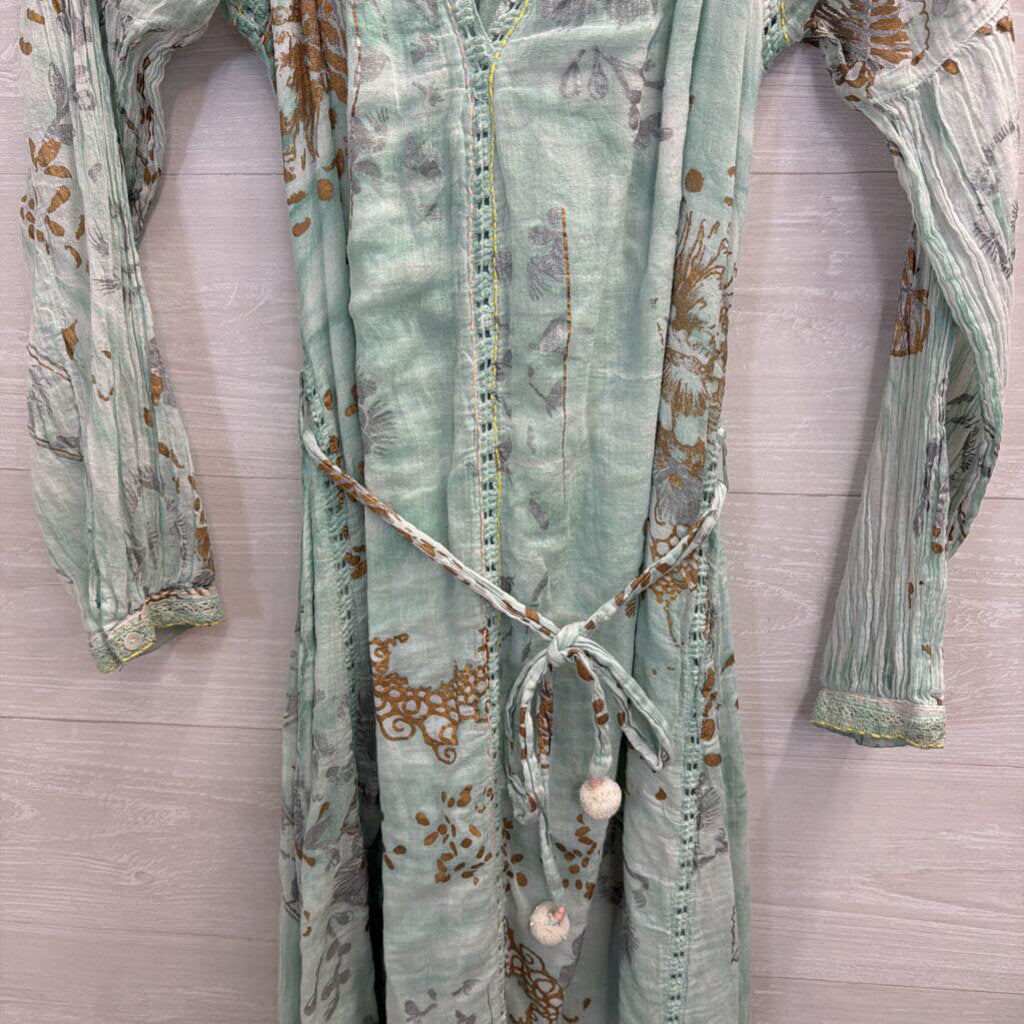 Dolma Blue/ Multi Print Long Sleeve Tie Waist Maxi Dress Medium