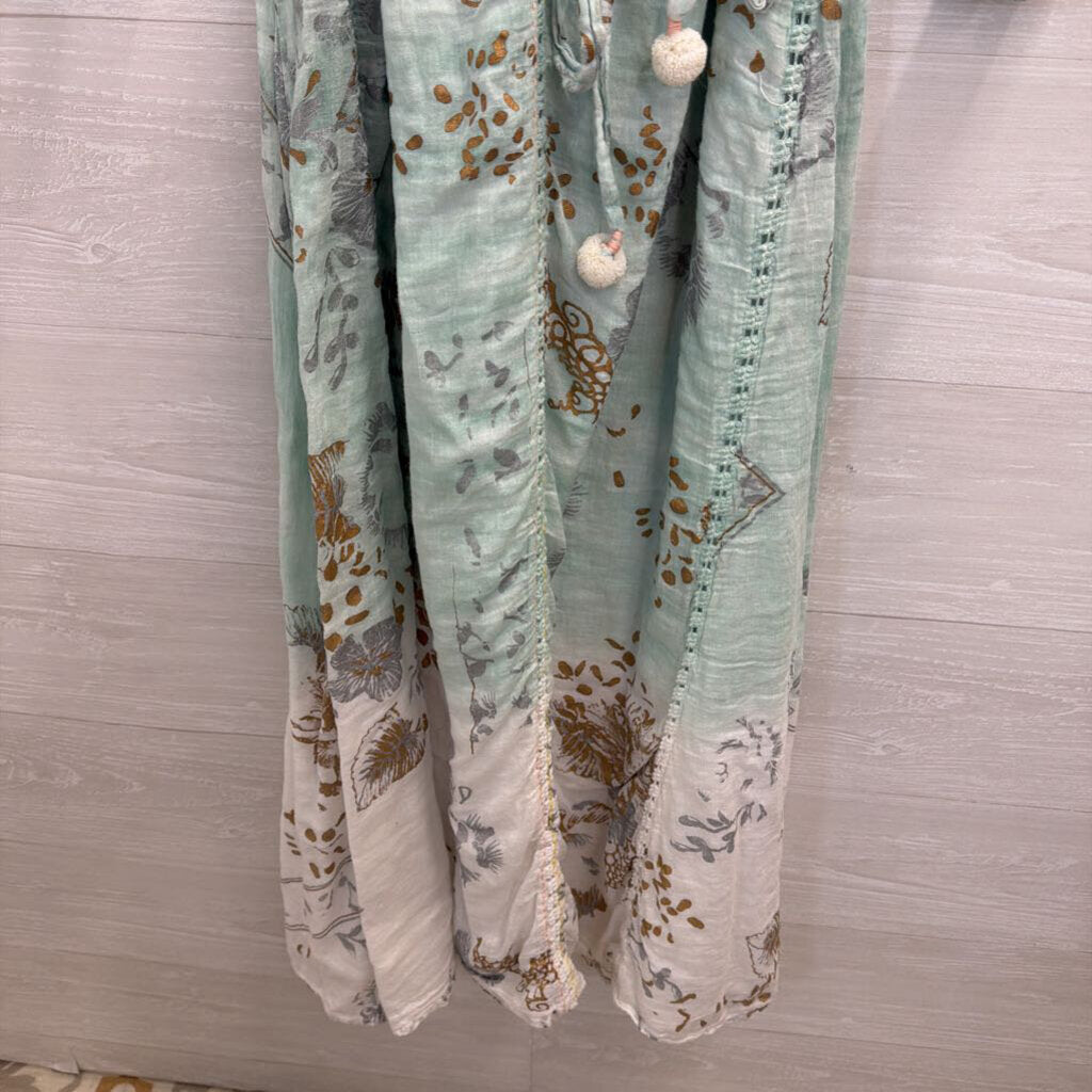 Dolma Blue/ Multi Print Long Sleeve Tie Waist Maxi Dress Medium