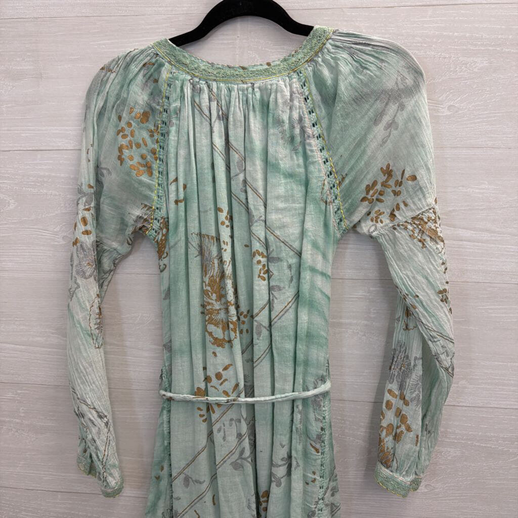 Dolma Blue/ Multi Print Long Sleeve Tie Waist Maxi Dress Medium