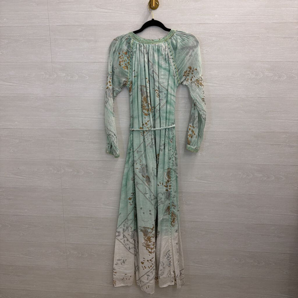 Dolma Blue/ Multi Print Long Sleeve Tie Waist Maxi Dress Medium
