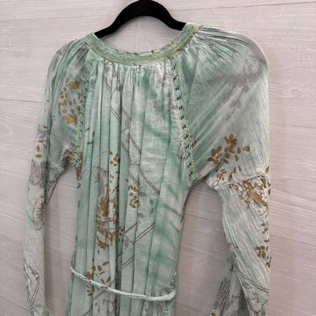 Dolma Blue/ Multi Print Long Sleeve Tie Waist Maxi Dress Medium