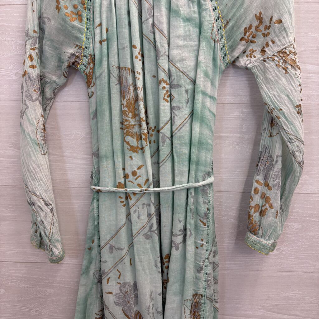 Dolma Blue/ Multi Print Long Sleeve Tie Waist Maxi Dress Medium
