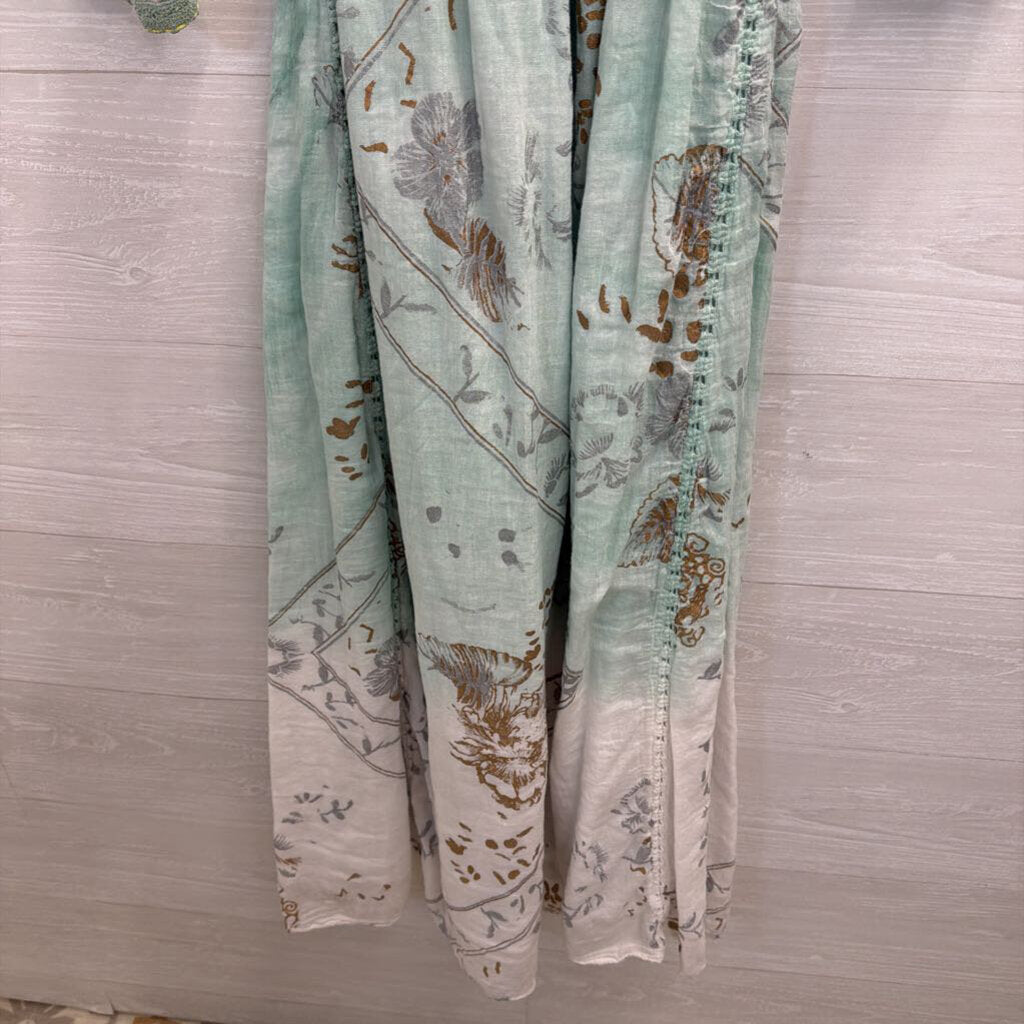 Dolma Blue/ Multi Print Long Sleeve Tie Waist Maxi Dress Medium