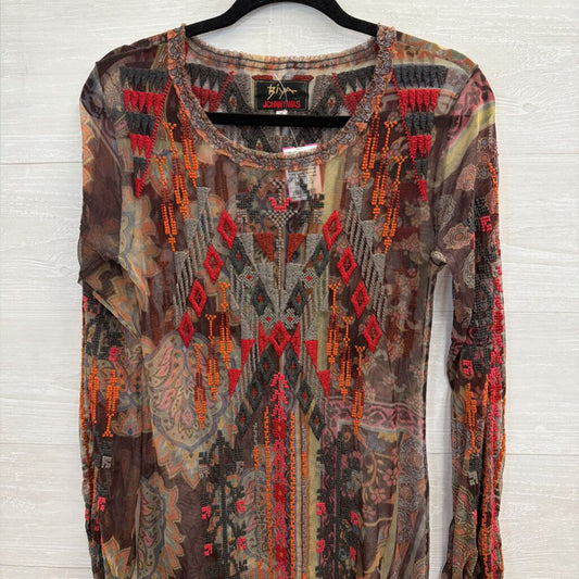 Biya Johnny Was Brown/ Multi Embroidered Print Long Sleeve Mesh Dress Extra Small