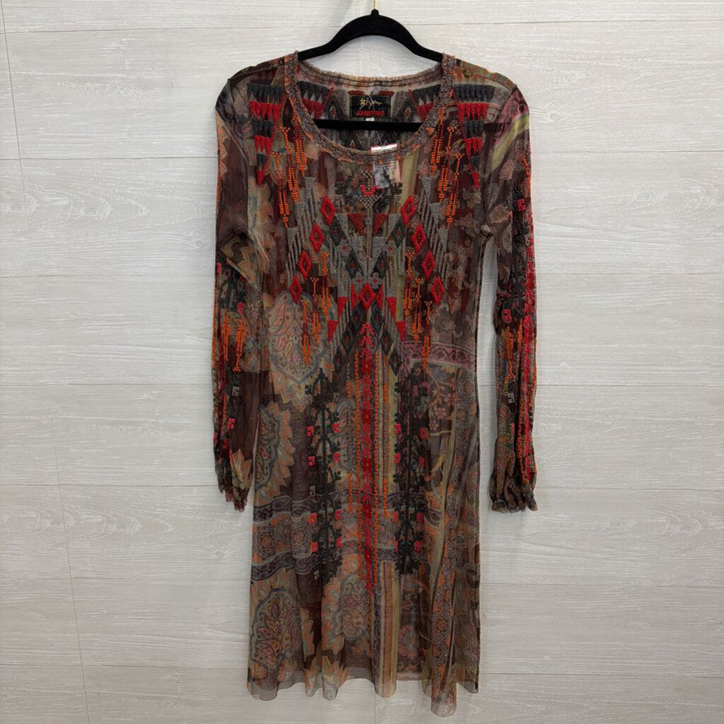 Biya Johnny Was Brown/ Multi Embroidered Print Long Sleeve Mesh Dress Extra Small