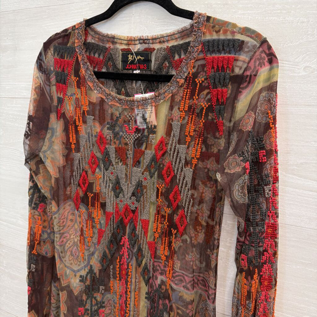 Biya Johnny Was Brown/ Multi Embroidered Print Long Sleeve Mesh Dress Extra Small