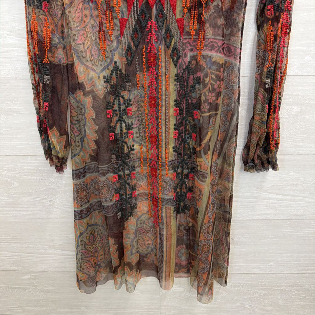 Biya Johnny Was Brown/ Multi Embroidered Print Long Sleeve Mesh Dress Extra Small