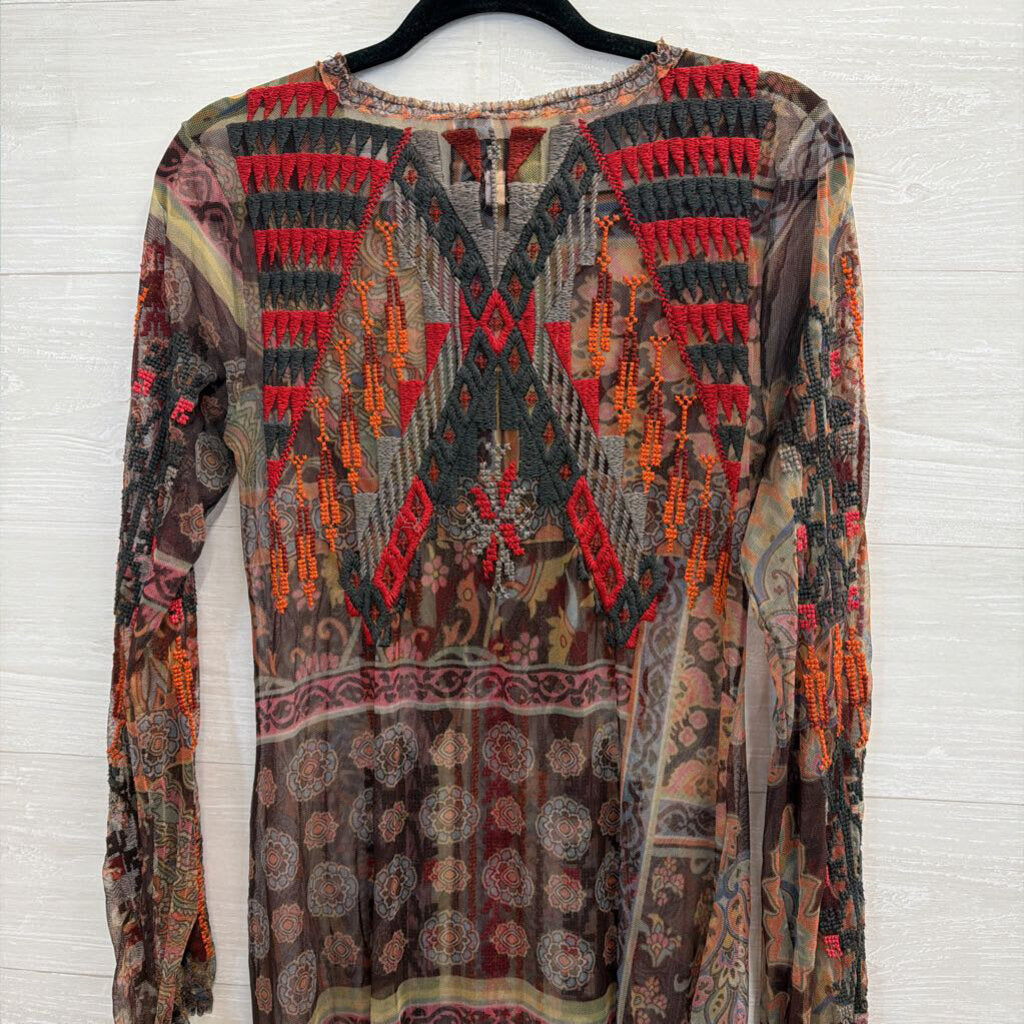 Biya Johnny Was Brown/ Multi Embroidered Print Long Sleeve Mesh Dress Extra Small