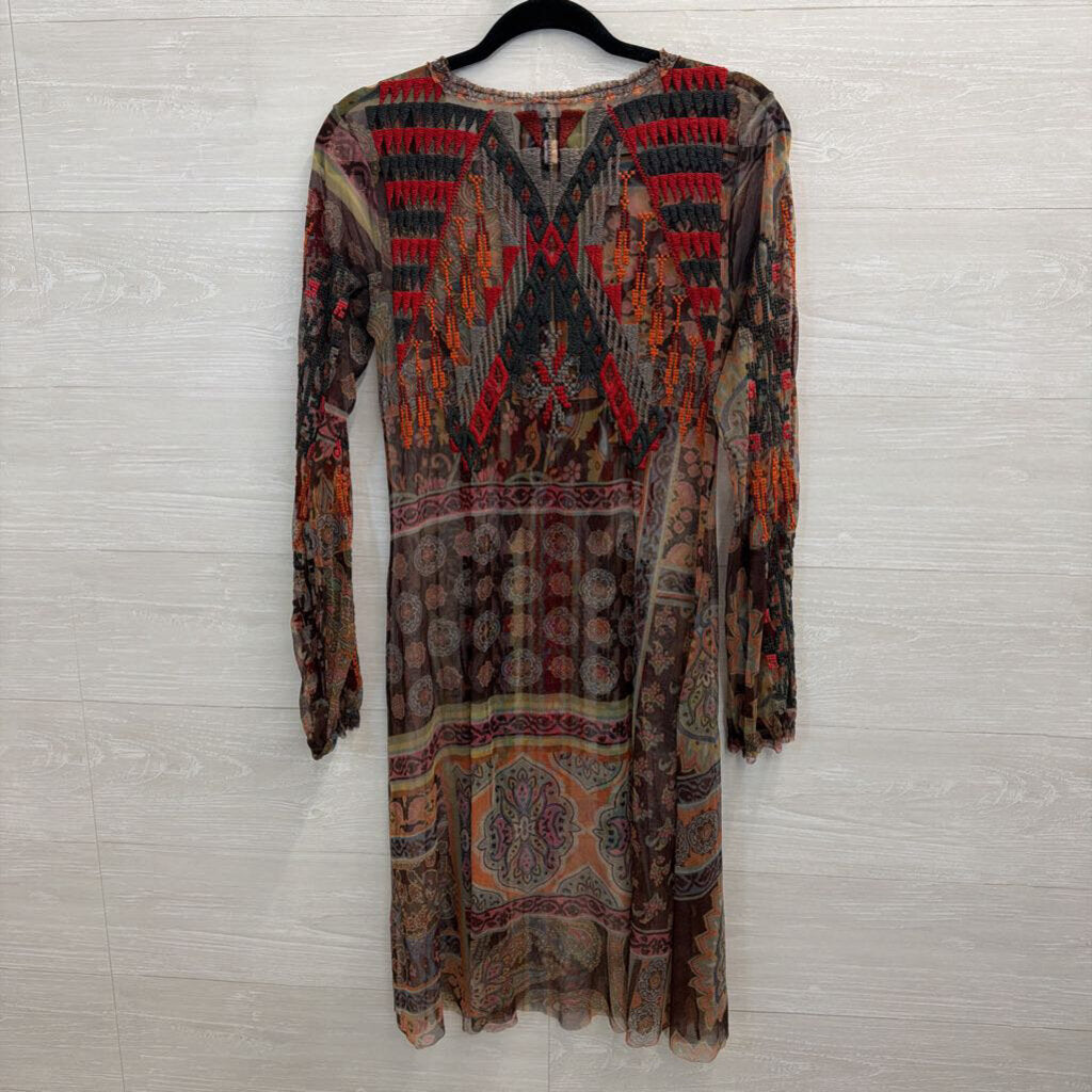 Biya Johnny Was Brown/ Multi Embroidered Print Long Sleeve Mesh Dress Extra Small