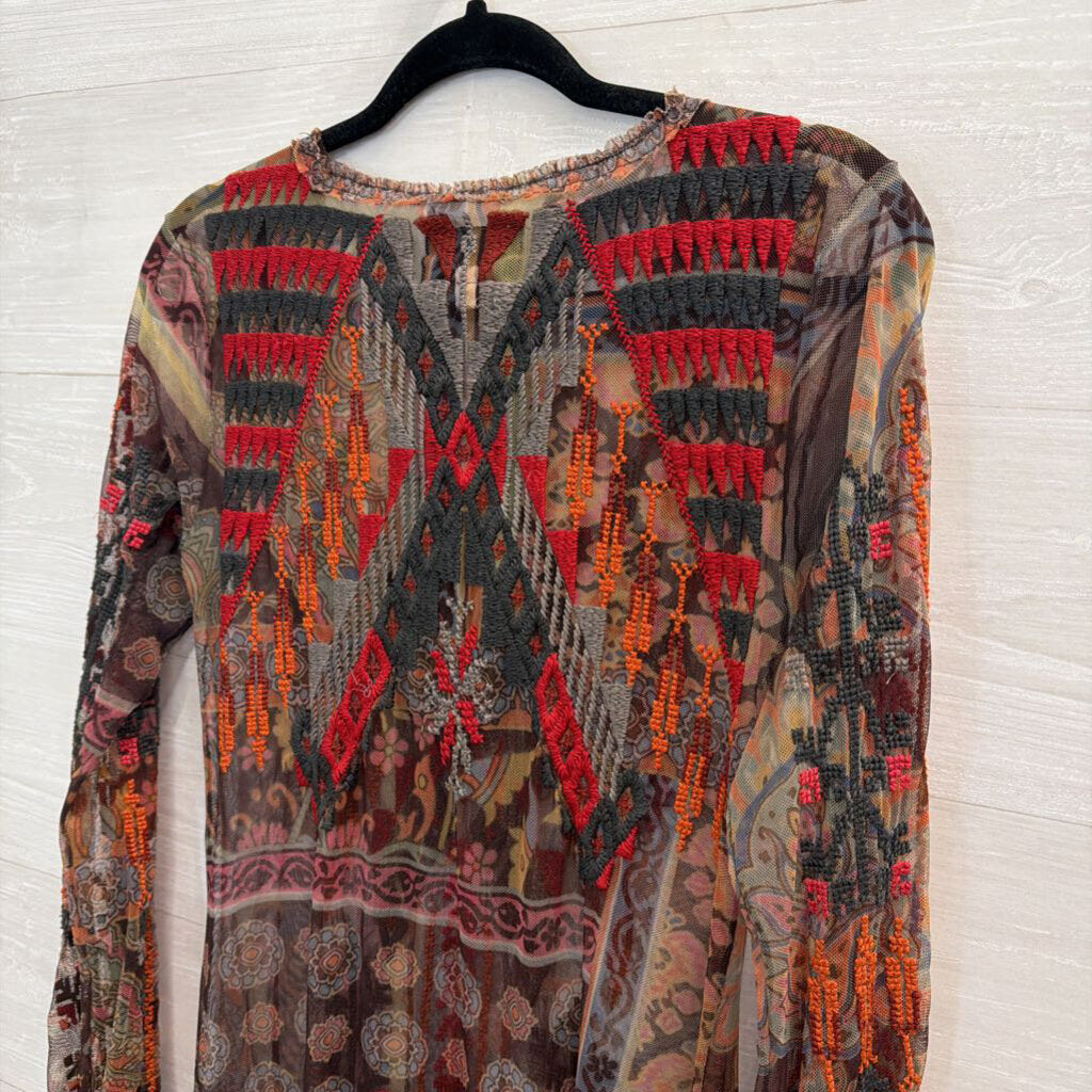 Biya Johnny Was Brown/ Multi Embroidered Print Long Sleeve Mesh Dress Extra Small
