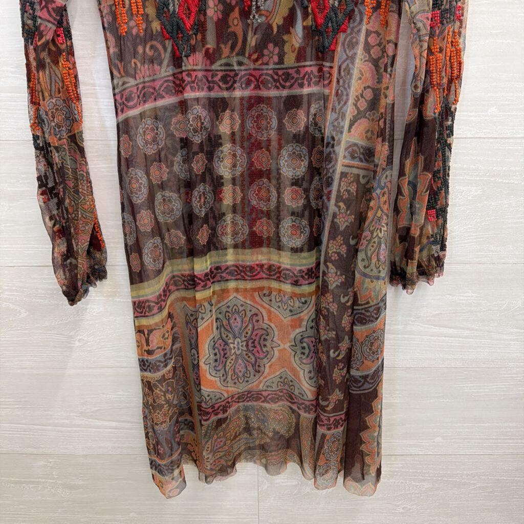 Biya Johnny Was Brown/ Multi Embroidered Print Long Sleeve Mesh Dress Extra Small