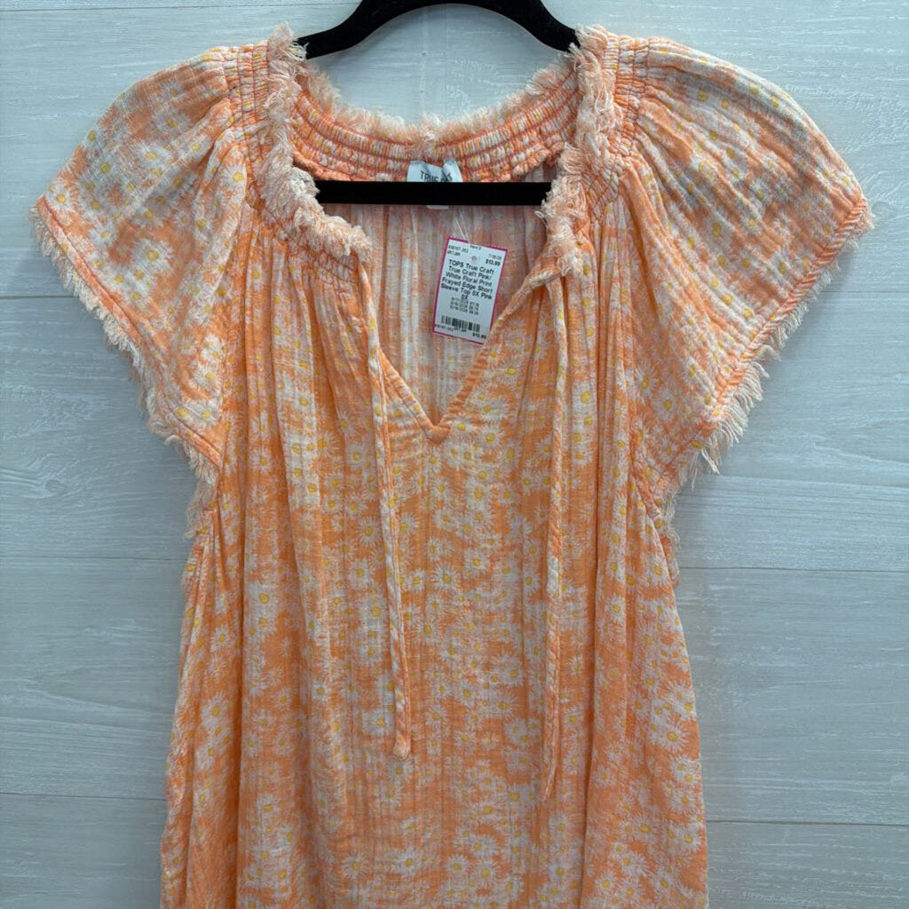 True Craft Pink/ White Floral Print Frayed Edge Short Sleeve Top 0X