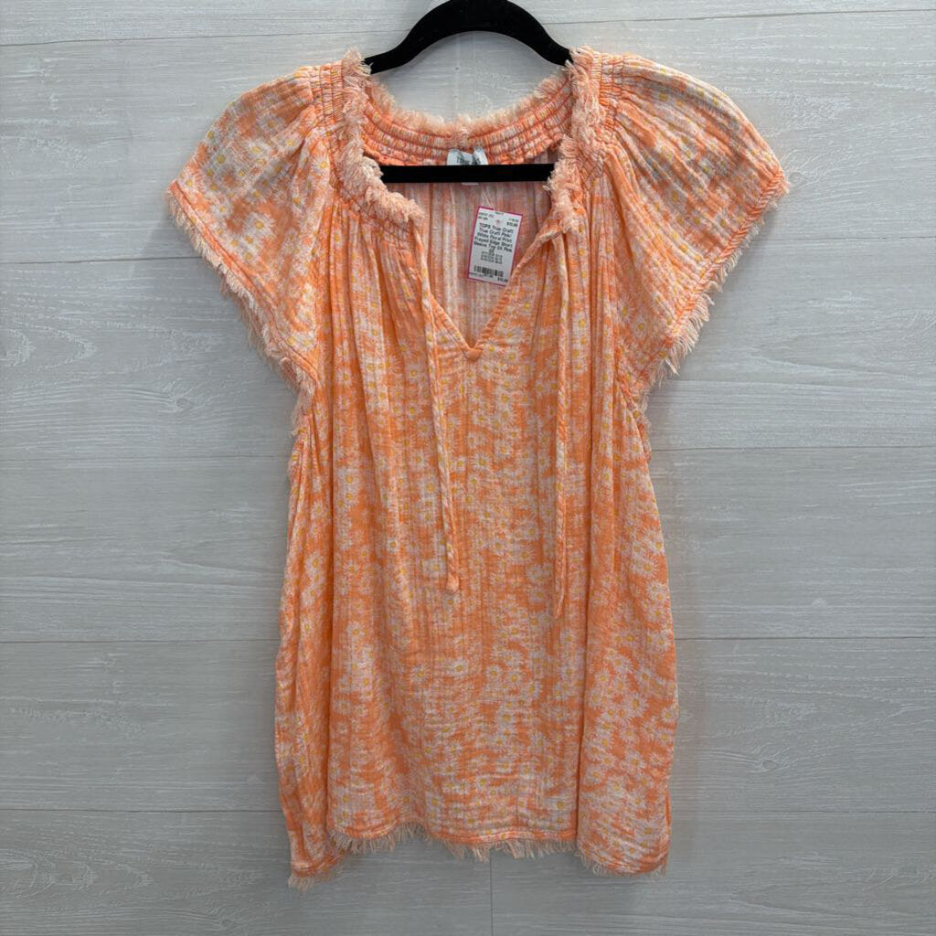 True Craft Pink/ White Floral Print Frayed Edge Short Sleeve Top 0X
