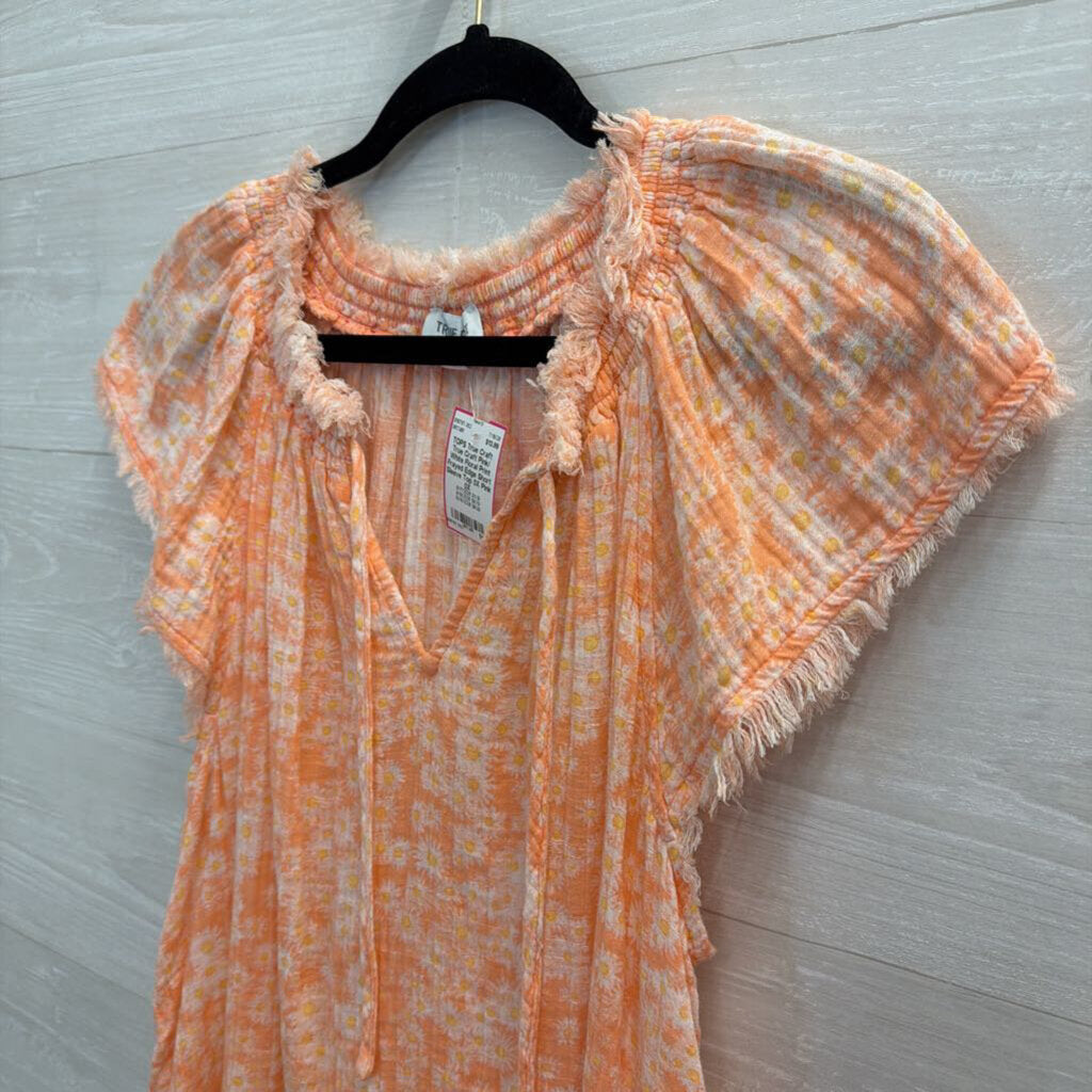 True Craft Pink/ White Floral Print Frayed Edge Short Sleeve Top 0X