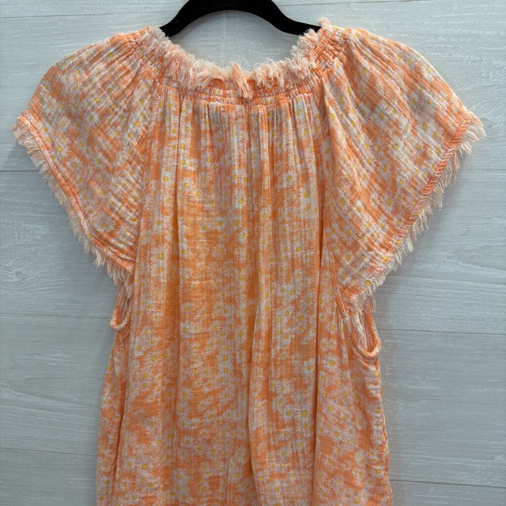 True Craft Pink/ White Floral Print Frayed Edge Short Sleeve Top 0X
