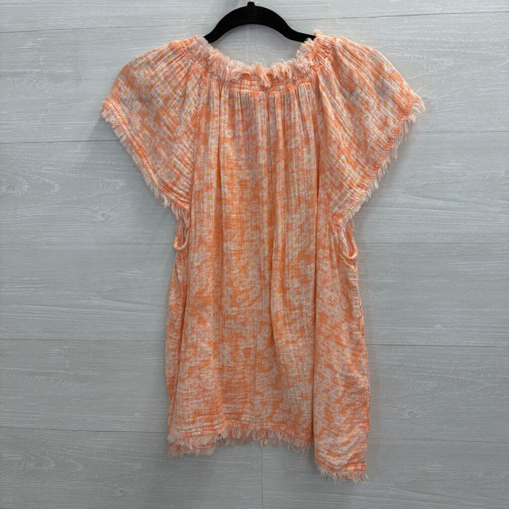 True Craft Pink/ White Floral Print Frayed Edge Short Sleeve Top 0X
