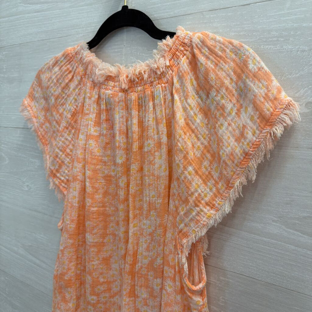 True Craft Pink/ White Floral Print Frayed Edge Short Sleeve Top 0X
