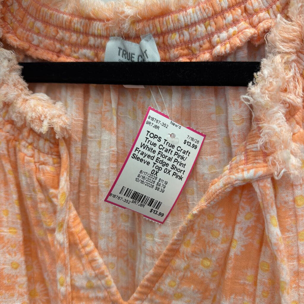 True Craft Pink/ White Floral Print Frayed Edge Short Sleeve Top 0X