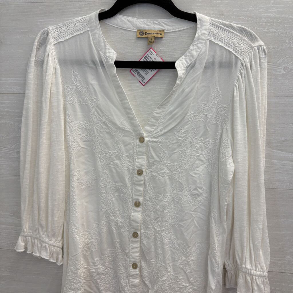 Democracy Whtie Embroidered Print Long Sleeve Top Small