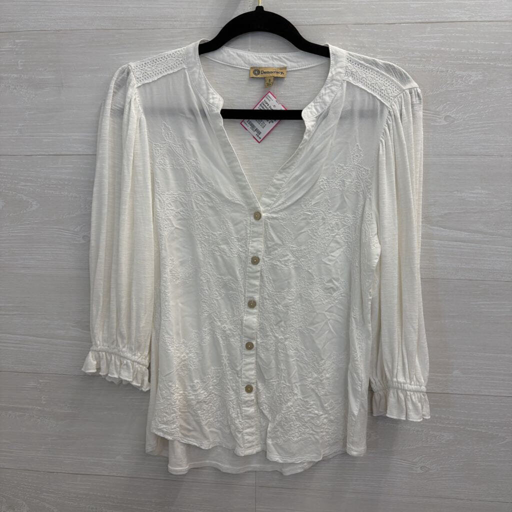 Democracy Whtie Embroidered Print Long Sleeve Top Small