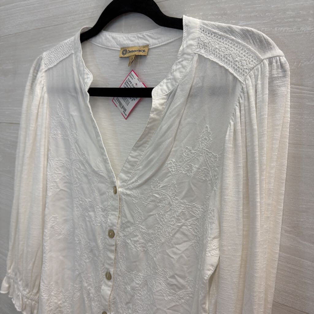Democracy Whtie Embroidered Print Long Sleeve Top Small
