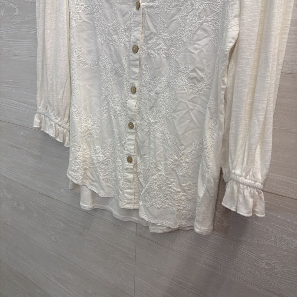 Democracy Whtie Embroidered Print Long Sleeve Top Small