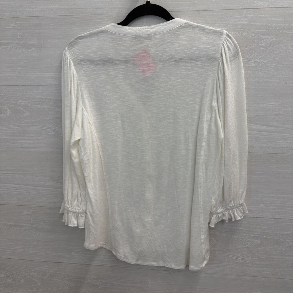Democracy Whtie Embroidered Print Long Sleeve Top Small
