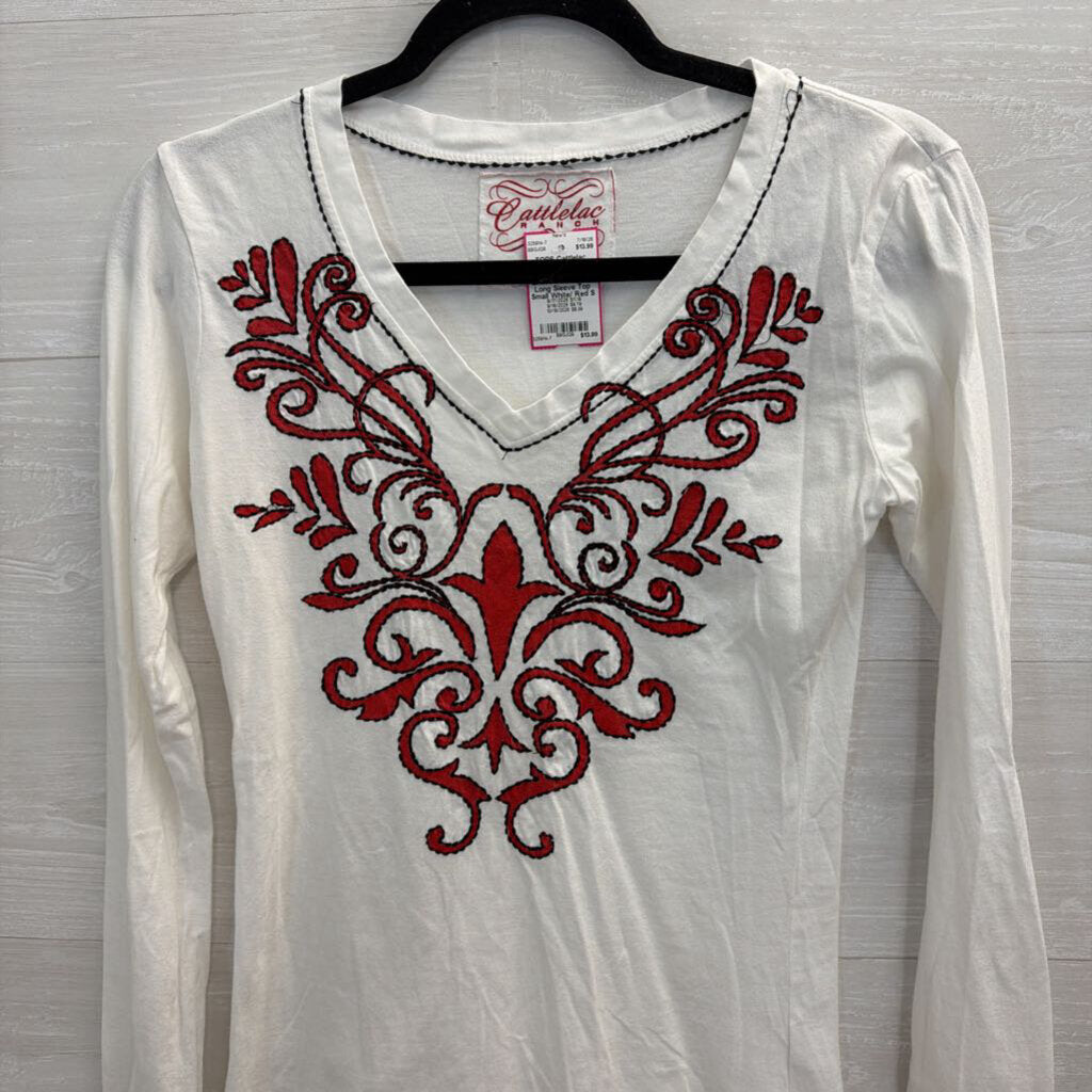 Cattlelac Ranch White/ Red Embroidered Print Long Sleeve Top Small