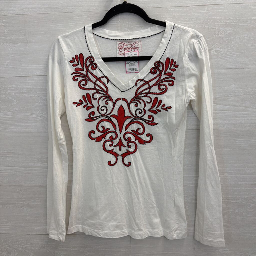 Cattlelac Ranch White/ Red Embroidered Print Long Sleeve Top Small