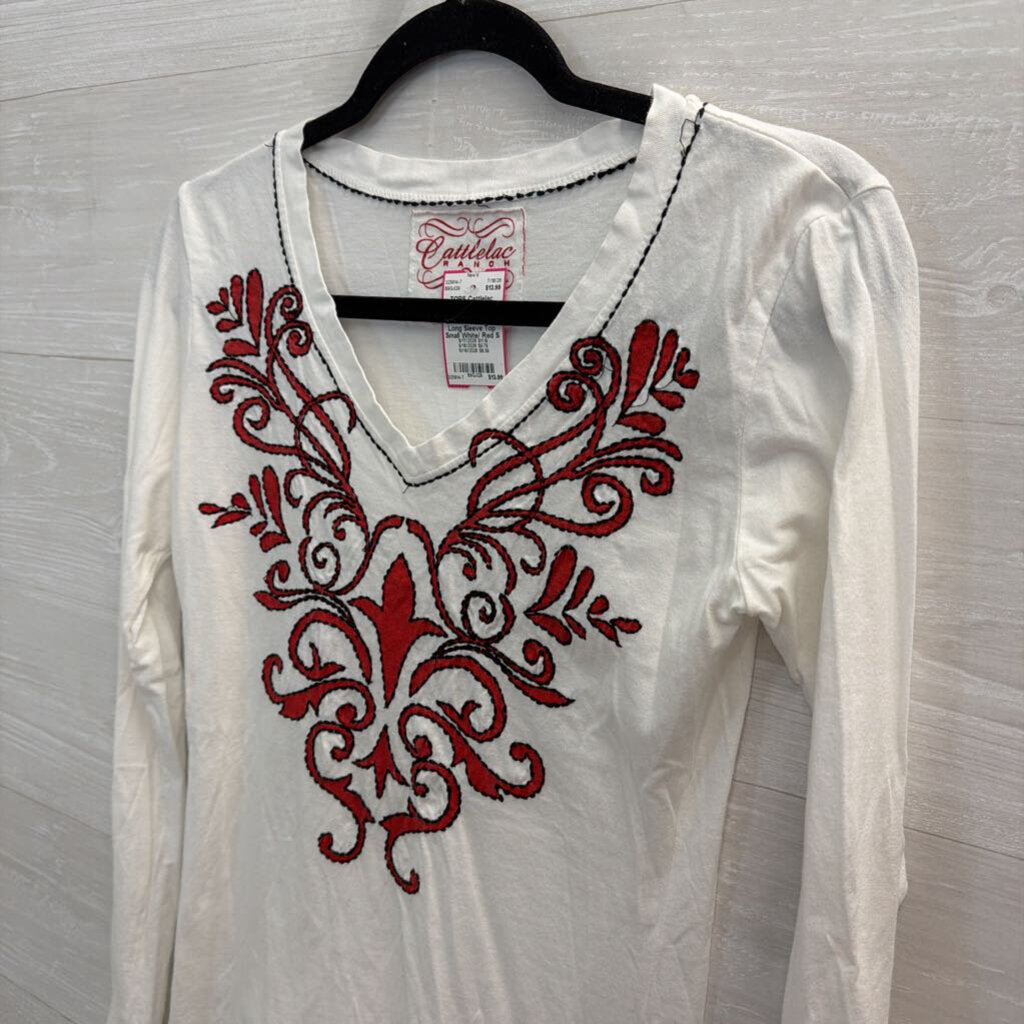 Cattlelac Ranch White/ Red Embroidered Print Long Sleeve Top Small