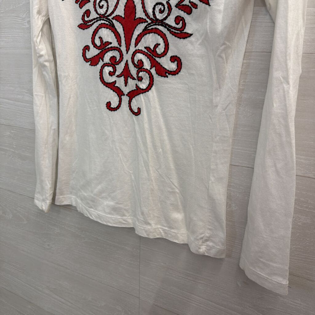 Cattlelac Ranch White/ Red Embroidered Print Long Sleeve Top Small
