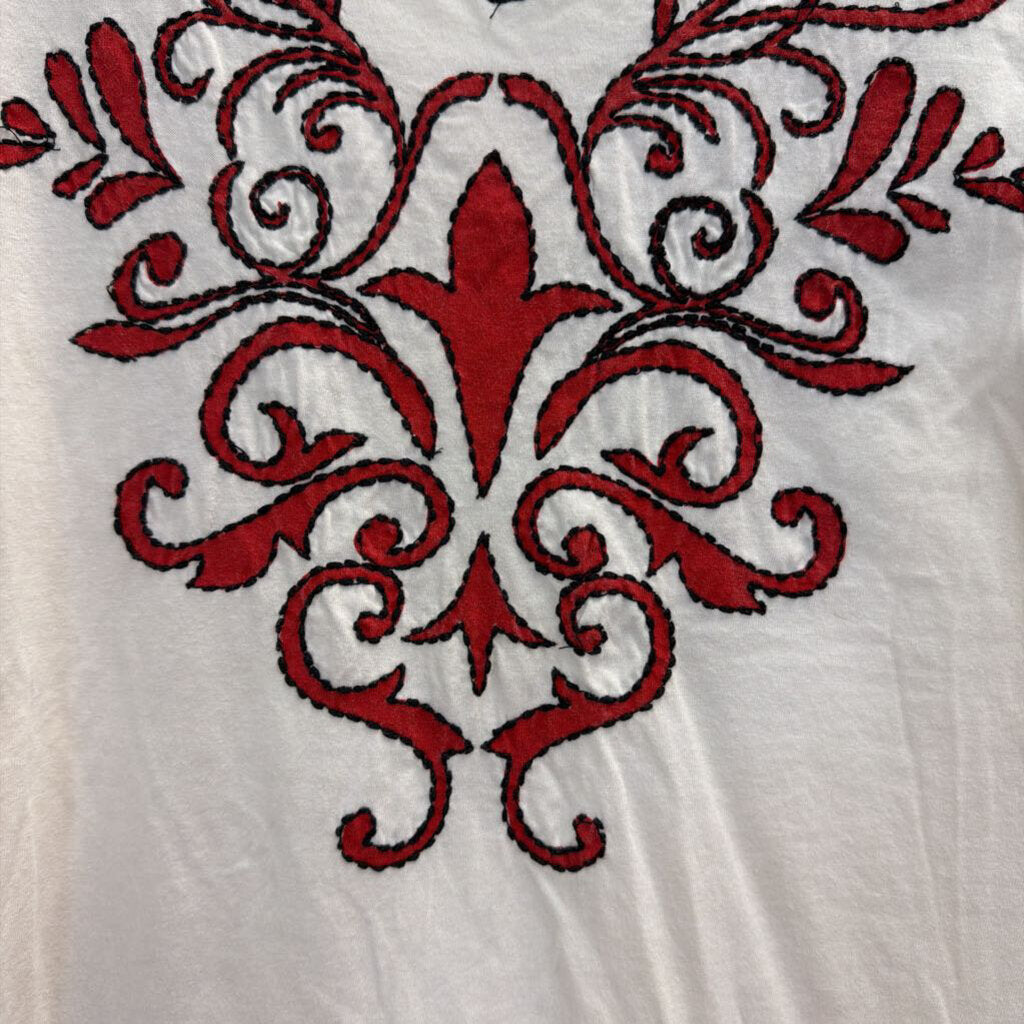Cattlelac Ranch White/ Red Embroidered Print Long Sleeve Top Small